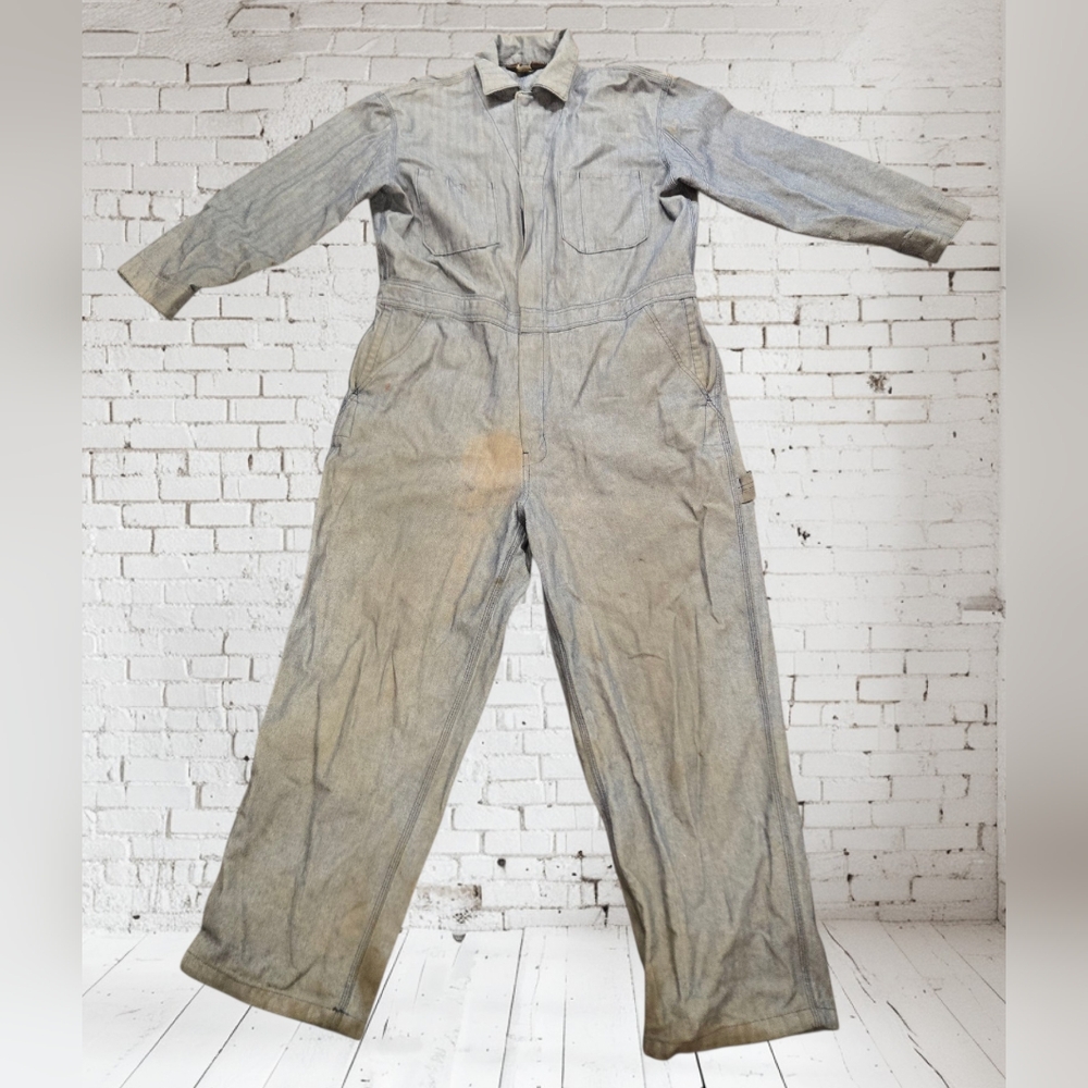 Vintage Distressed Men's Schmidt Workwear Denim Coveralls Herringbone SZ LG